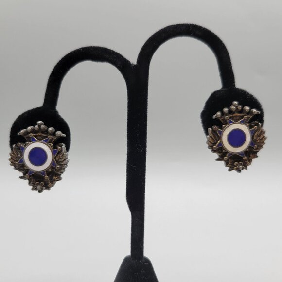 1940s Hungarian Enamel Screw-Back Earrings Vintage Folk Art Bronze - Picture 3 of 5